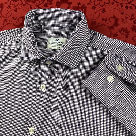 Mizzen Main Performance Shirt Mens M Blue Check Trim Fit Maylard Button Lng Slv - Picture 1 of 8